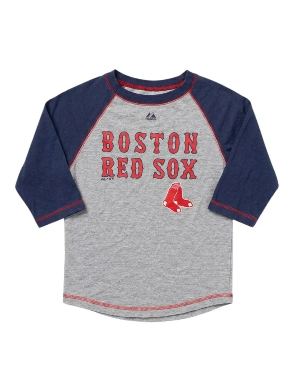 Boston Red Sox Kids Baseball Ragland Shirt Gray Blue Fan Gear Size 4 4T XS Small